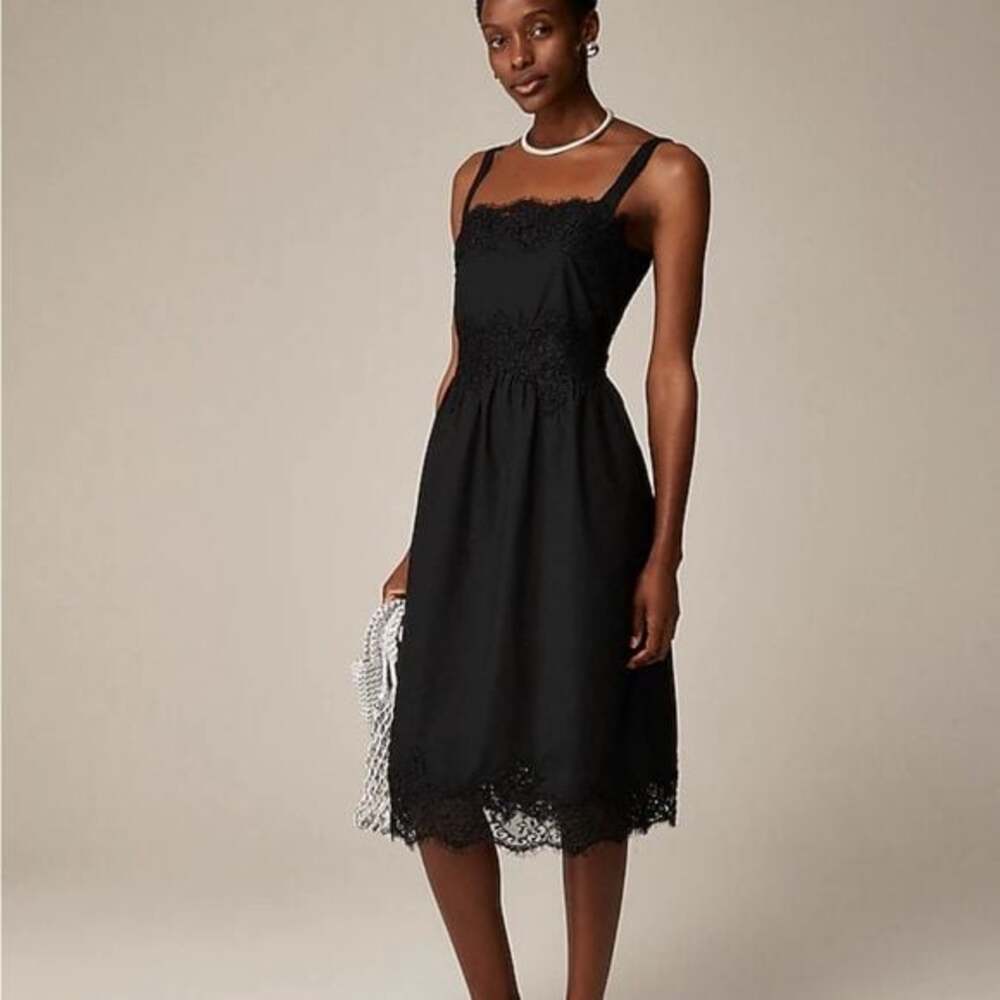 J. Crew Regenerative Cotton Black Lace Trim Midi Dress Size L CA667